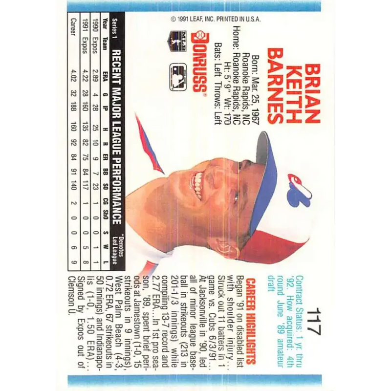 1992 Donruss #117 Brian Barnes NM-MT Montreal Expos Baseball Card - Baseball Card Single
