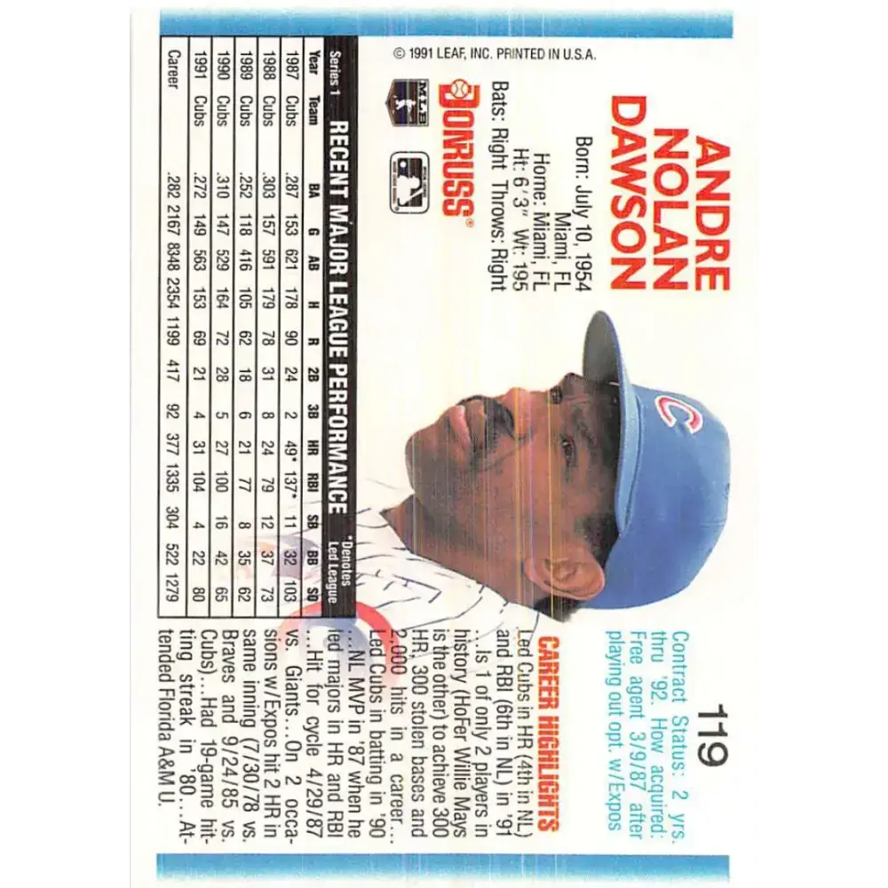 1992 Donruss #119 Andre Dawson NM-MT Chicago Cubs Baseball Card - Baseball Card Single