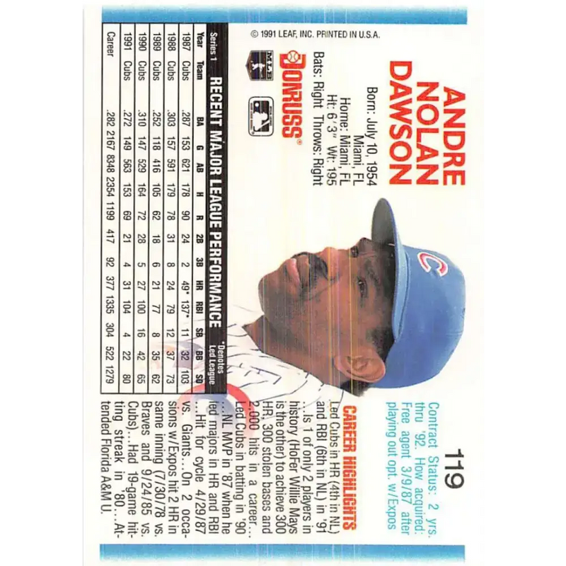 1992 Donruss #119 Andre Dawson NM-MT Chicago Cubs Baseball Card - Baseball Card Single