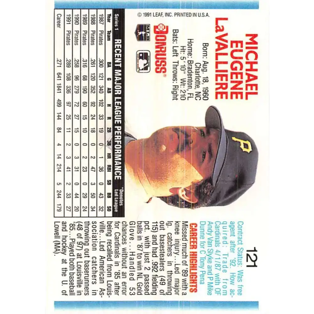 1992 Donruss #121 Mike LaValliere NM-MT Pittsburgh Pirates Baseball Card - Baseball Card Single