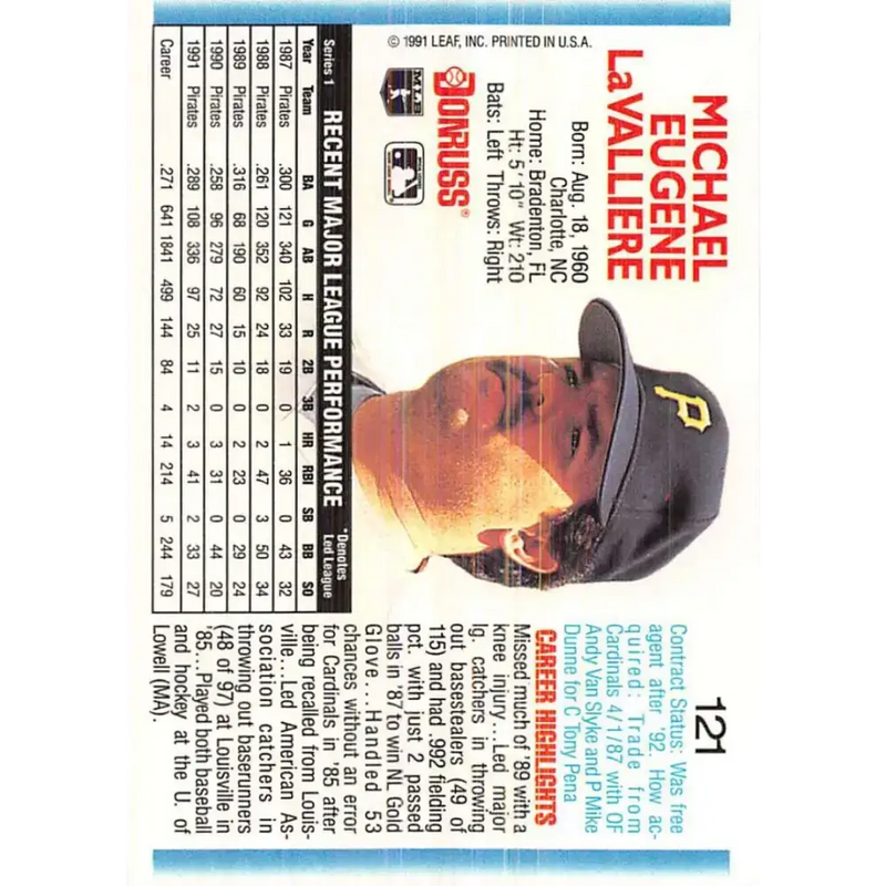1992 Donruss #121 Mike LaValliere NM-MT Pittsburgh Pirates Baseball Card - Baseball Card Single