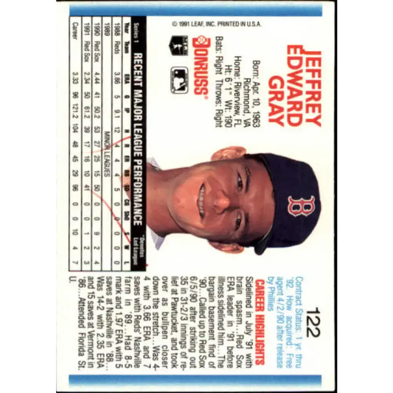 1992 Donruss #122 Jeff Gray NM-MT Boston Red Sox Baseball Card - Baseball Card Single