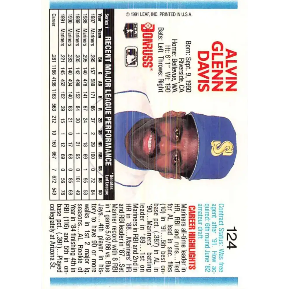 1992 Donruss #124 Alvin Davis NM-MT Seattle Mariners Baseball Card - Baseball Card Single