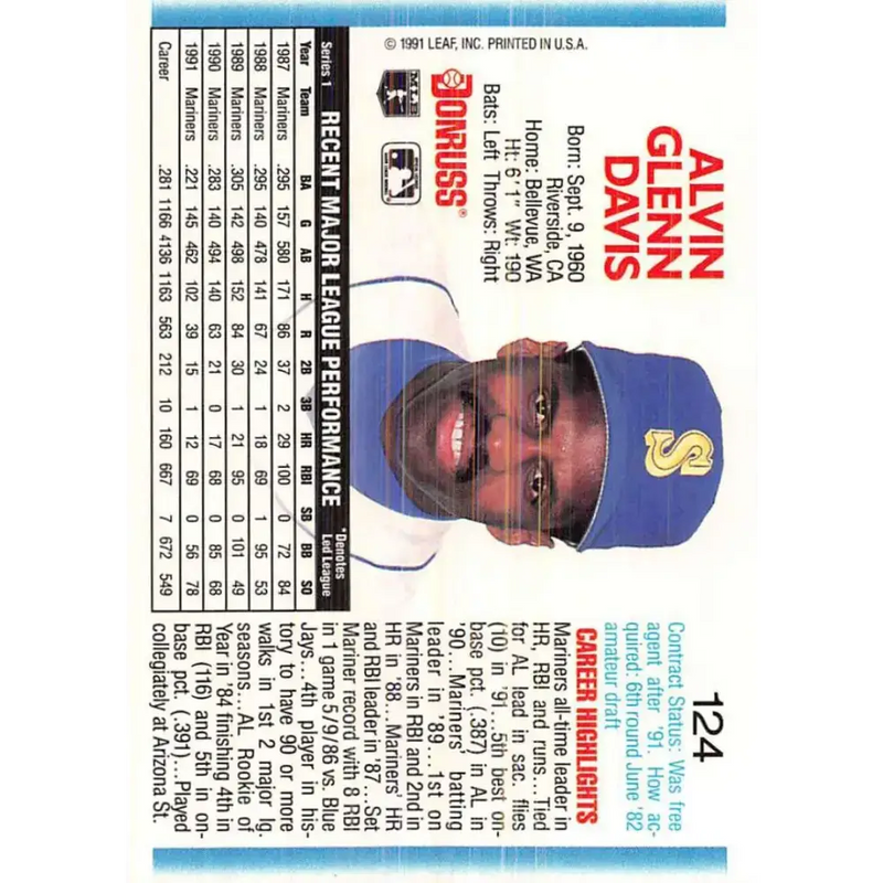 1992 Donruss #124 Alvin Davis NM-MT Seattle Mariners Baseball Card - Baseball Card Single