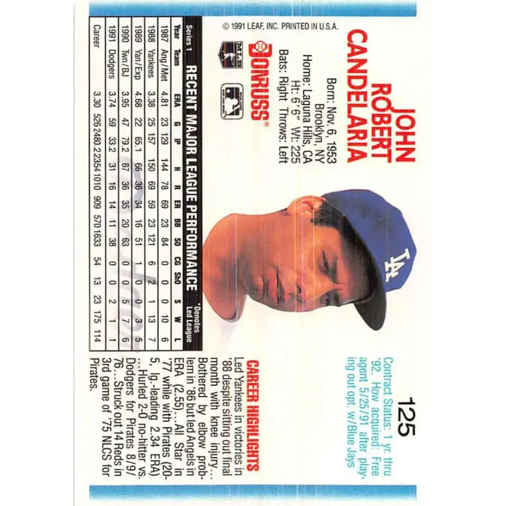 1992 Donruss #125 John Candelaria NM-MT Los Angeles Dodgers Baseball Card - Baseball Card Single