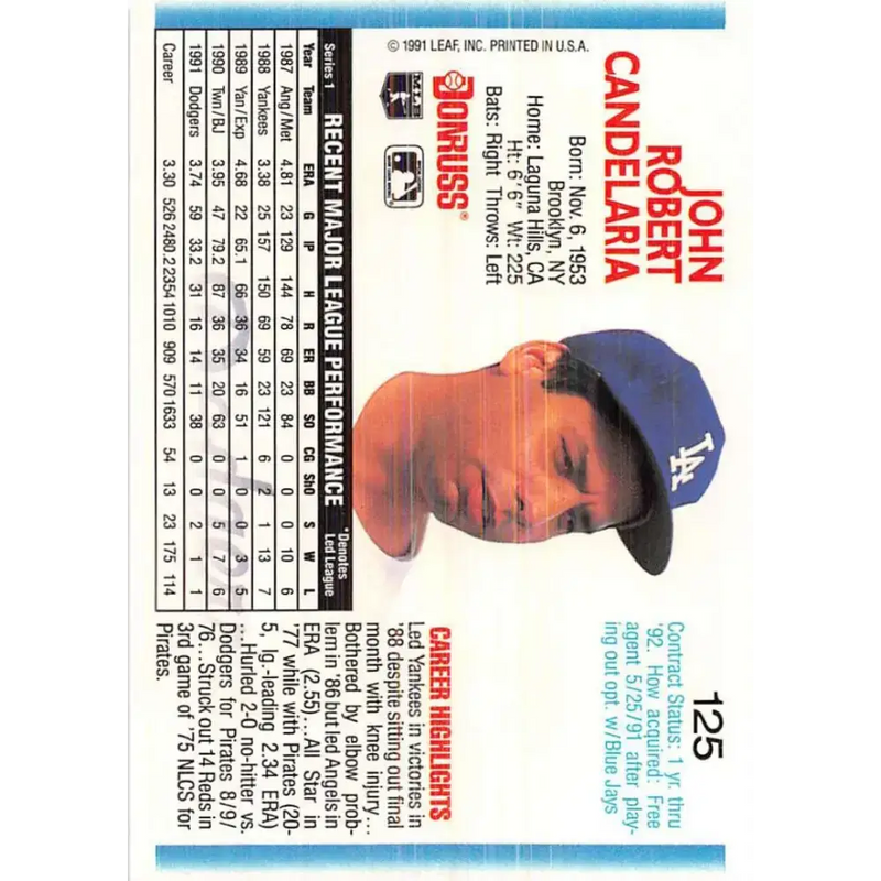 1992 Donruss #125 John Candelaria NM-MT Los Angeles Dodgers Baseball Card - Baseball Card Single