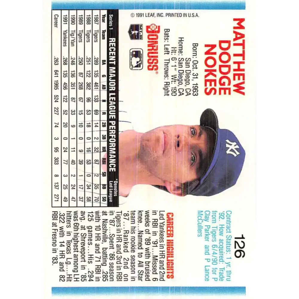 1992 Donruss #126 Matt Nokes NM-MT New York Yankees Baseball Card - Baseball Card Single