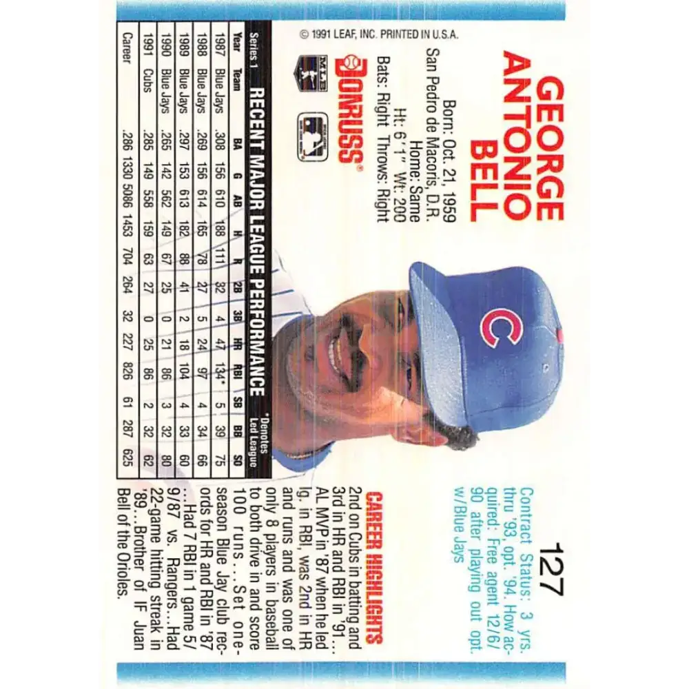 1992 Donruss #127 George Bell NM-MT Chicago Cubs Baseball Card - Baseball Card Single