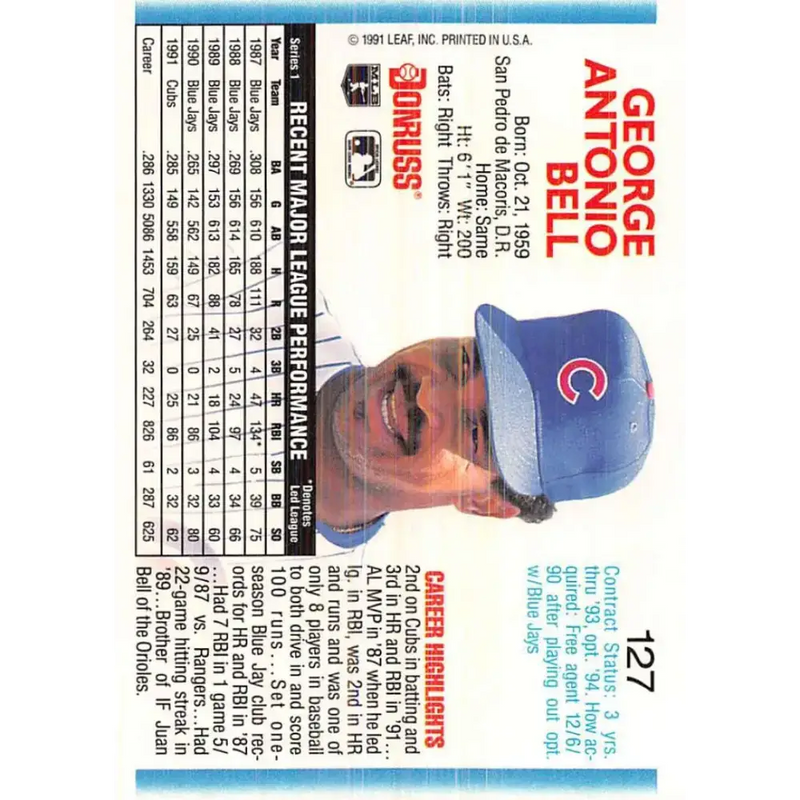 1992 Donruss #127 George Bell NM-MT Chicago Cubs Baseball Card - Baseball Card Single