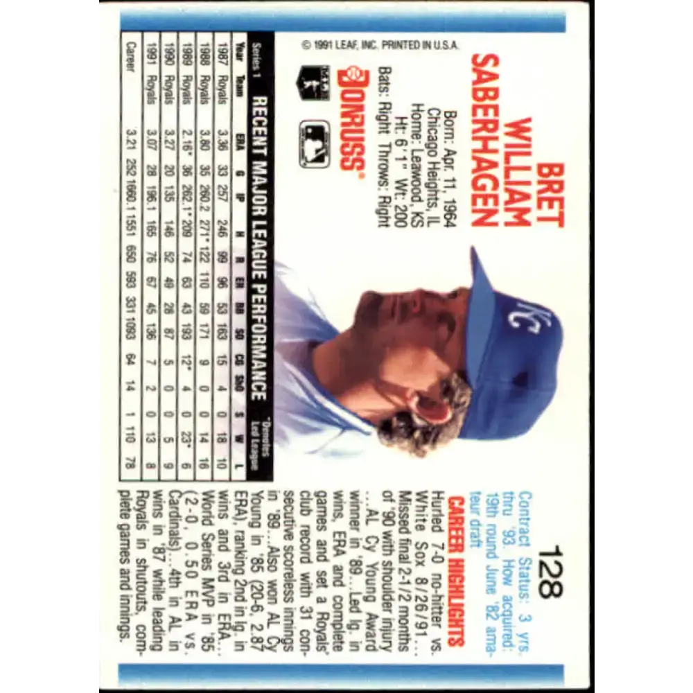 1992 Donruss #128 Bret Saberhagen NM-MT Kansas City Royals Baseball Card - Baseball Card Single