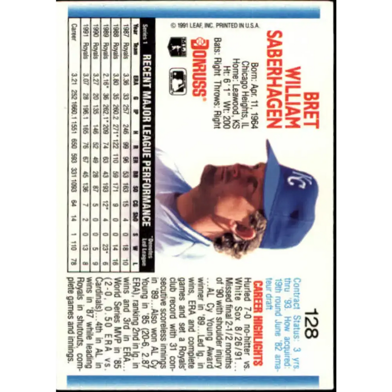 1992 Donruss #128 Bret Saberhagen NM-MT Kansas City Royals Baseball Card - Baseball Card Single