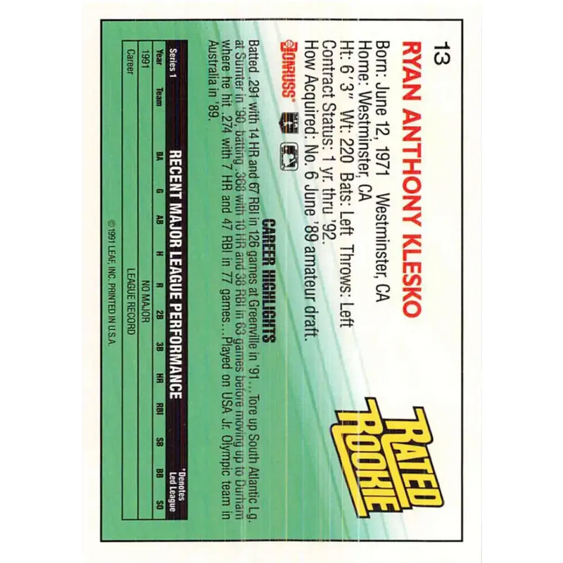1992 Donruss #13 Ryan Klesko RR NM-MT Atlanta Braves Baseball Card - Baseball Card Single