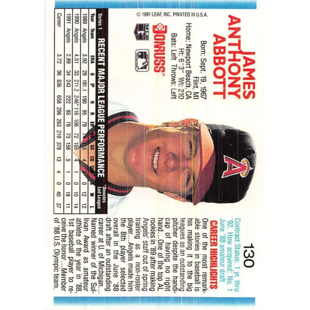 1992 Donruss #130 Jim Abbott NM-MT California Angels Baseball Card - Baseball Card Single