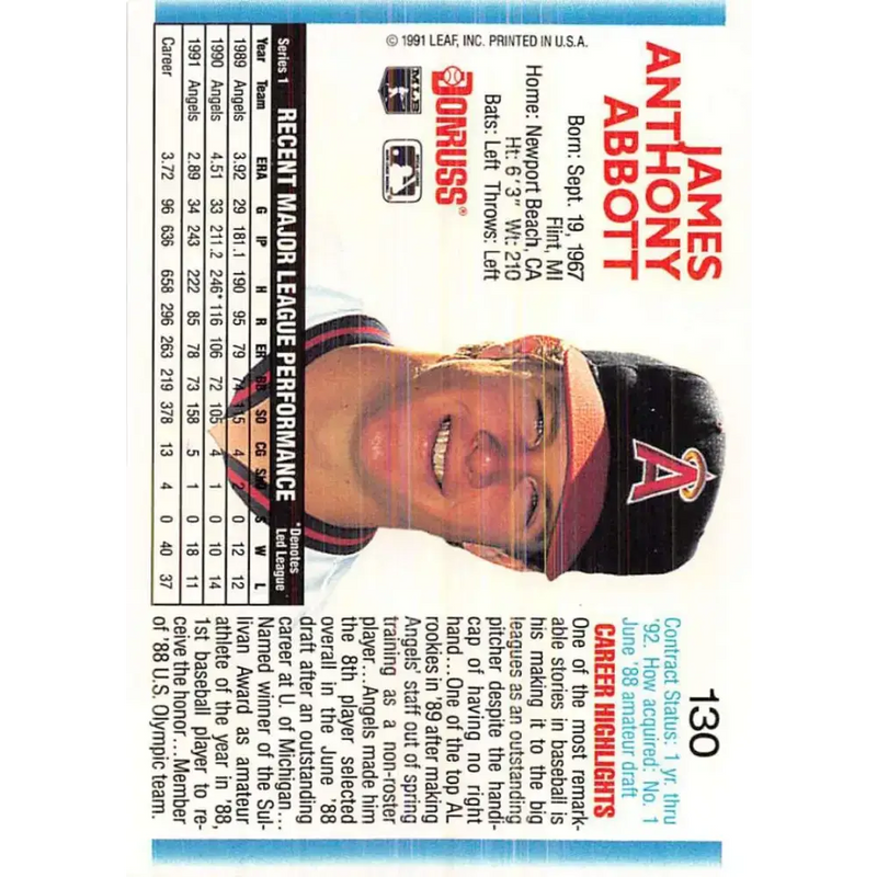 1992 Donruss #130 Jim Abbott NM-MT California Angels Baseball Card - Baseball Card Single