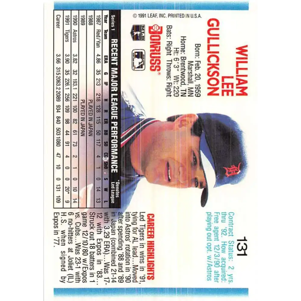 1992 Donruss #131 Bill Gullickson NM-MT Detroit Tigers Baseball Card - Baseball Card Single