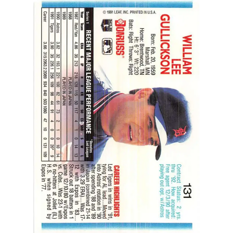 1992 Donruss #131 Bill Gullickson NM-MT Detroit Tigers Baseball Card - Baseball Card Single