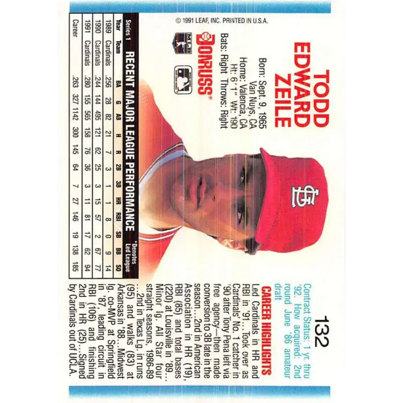 1992 Donruss #132 Todd Zeile NM-MT St. Louis Cardinals Baseball Card - Baseball Card Single
