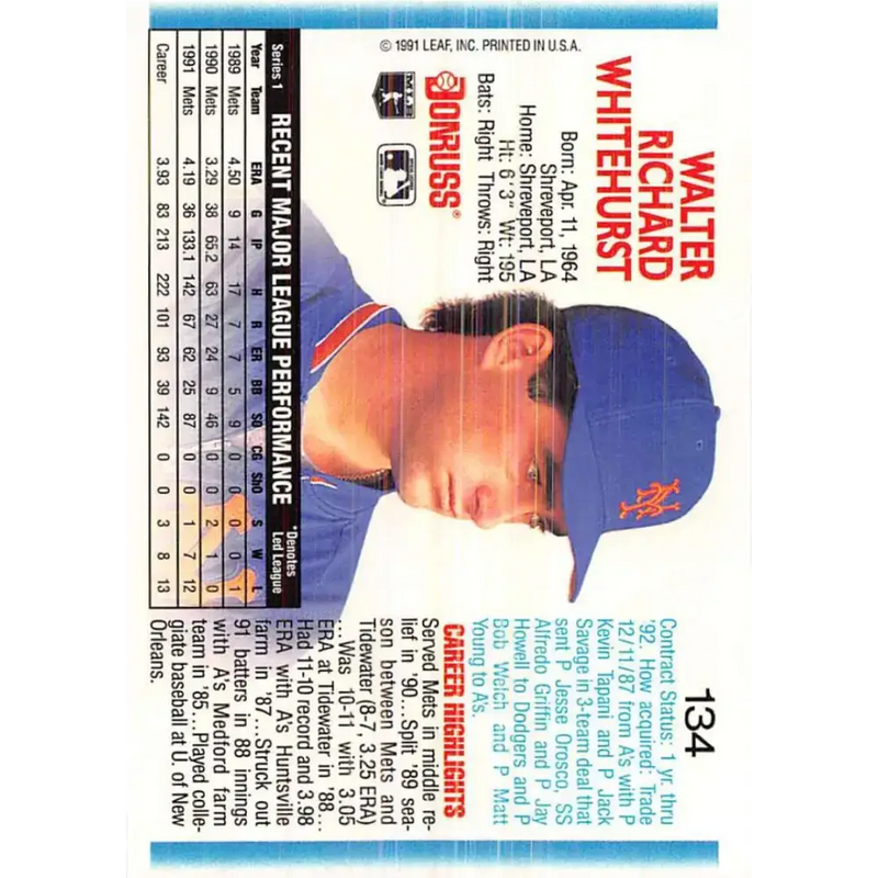 1992 Donruss #134 Wally Whitehurst NM-MT New York Mets Baseball Card - Baseball Card Single