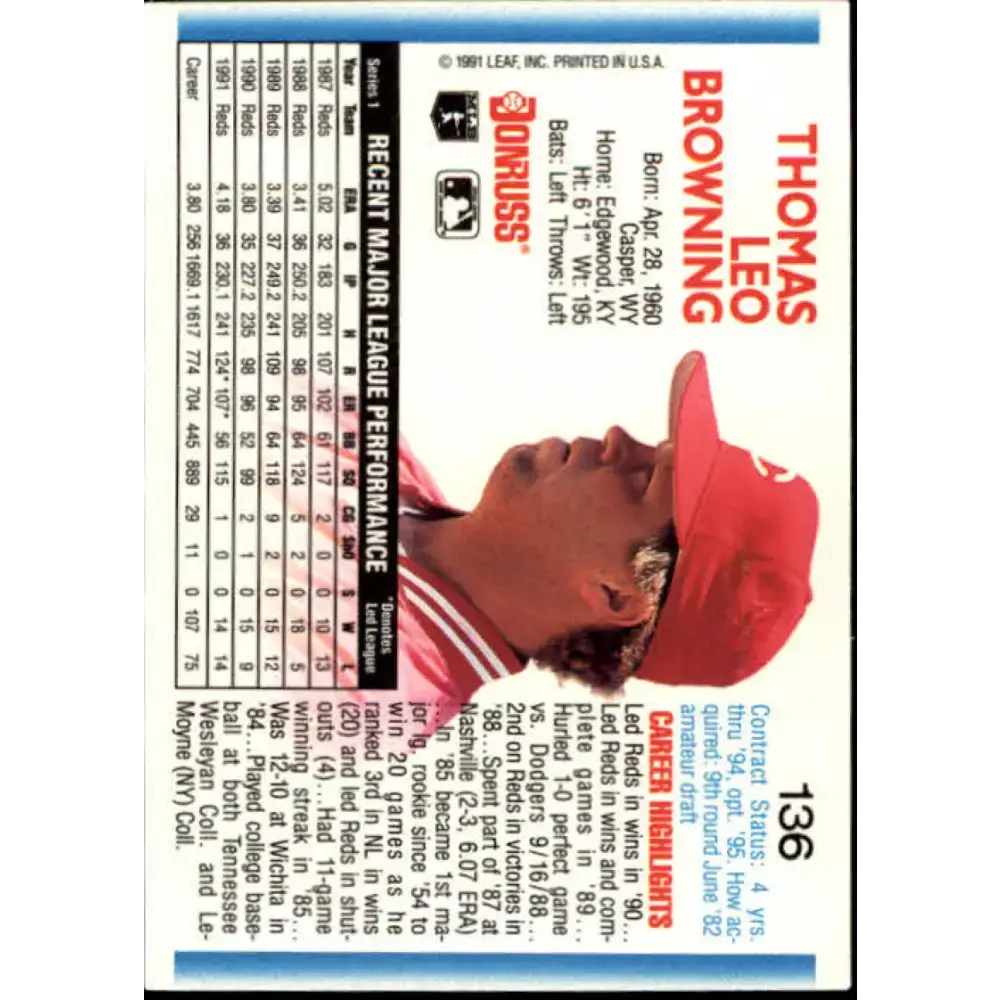1992 Donruss #136 Tom Browning NM-MT Cincinnati Reds Baseball Card - Baseball Card Single