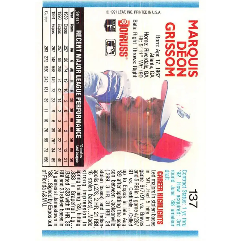 1992 Donruss #137 Marquis Grissom NM-MT Montreal Expos Baseball Card - Baseball Card Single