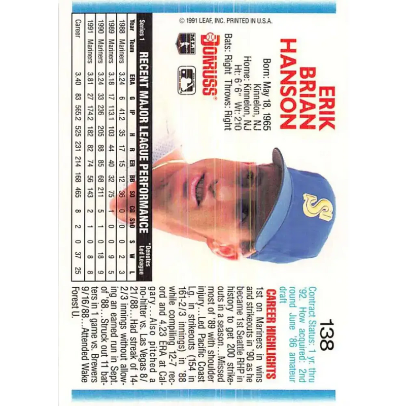 1992 Donruss #138 Erik Hanson NM-MT Seattle Mariners Baseball Card - Baseball Card Single