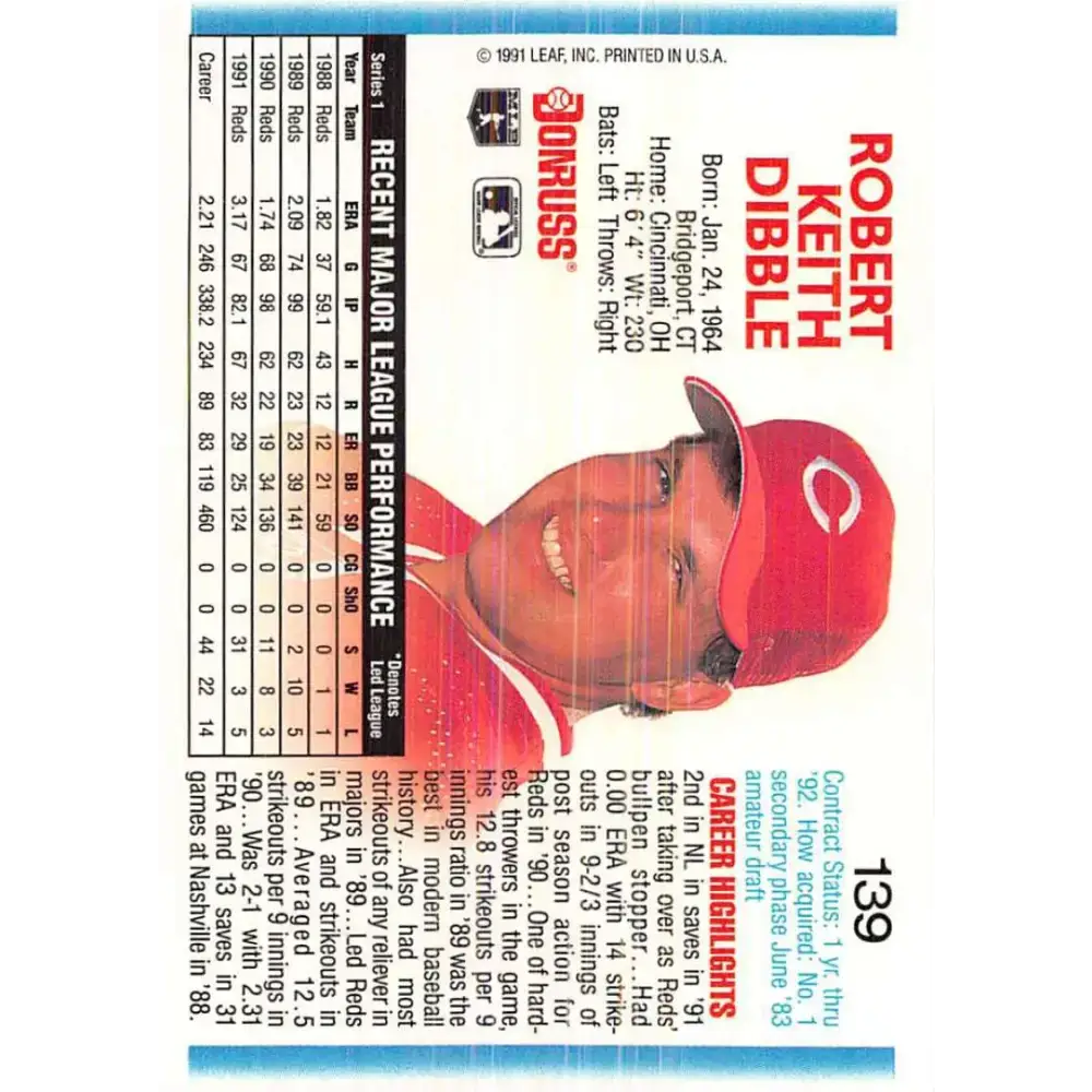 1992 Donruss #139 Rob Dibble NM-MT Cincinnati Reds Baseball Card - Baseball Card Single