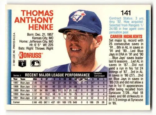 1992 Donruss #141 Tom Henke Toronto Blue Jays Baseball Cards EX/NM ID:59133 - Baseball Card Single