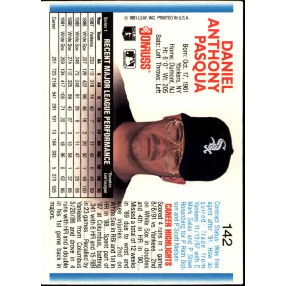 1992 Donruss #142 Dan Pasqua NM-MT Chicago White Sox Baseball Card - Baseball Card Single