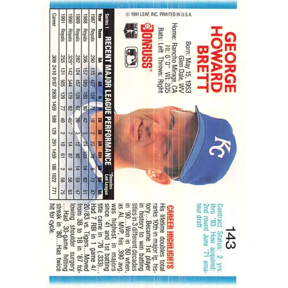 1992 Donruss #143 George Brett NM-MT Kansas City Royals Baseball Card - Baseball Card Single