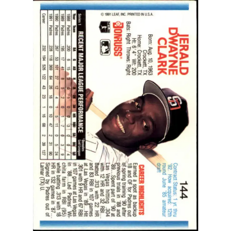 1992 Donruss #144 Jerald Clark NM-MT San Diego Padres Baseball Card - Baseball Card Single