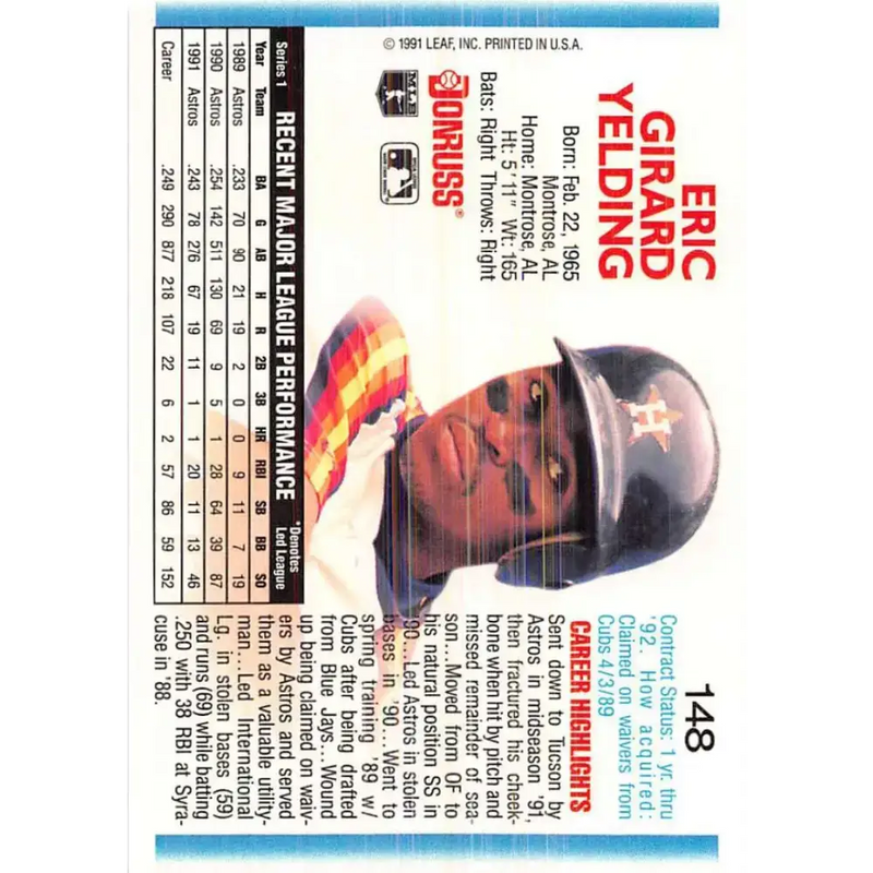 1992 Donruss #148 Eric Yelding NM-MT Houston Astros Baseball Card - Baseball Card Single