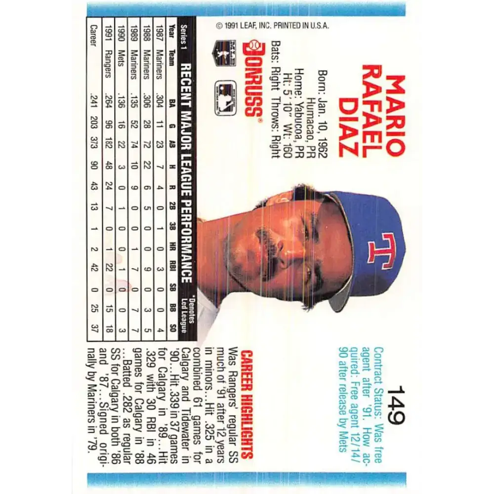 1992 Donruss #149 Mario Diaz NM-MT Texas Rangers Baseball Card - Baseball Card Single