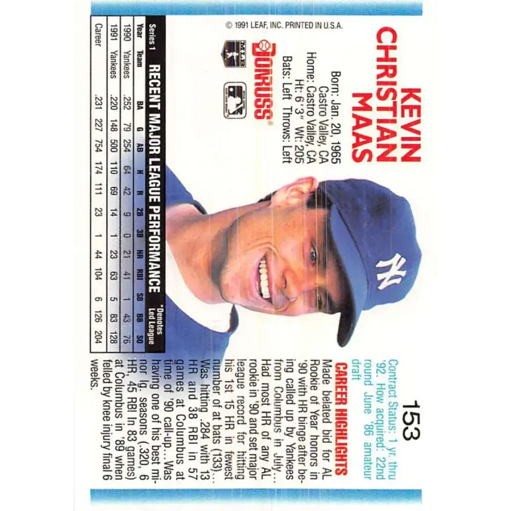 1992 Donruss #153 Kevin Maas NM-MT New York Yankees Baseball Card - Baseball Card Single