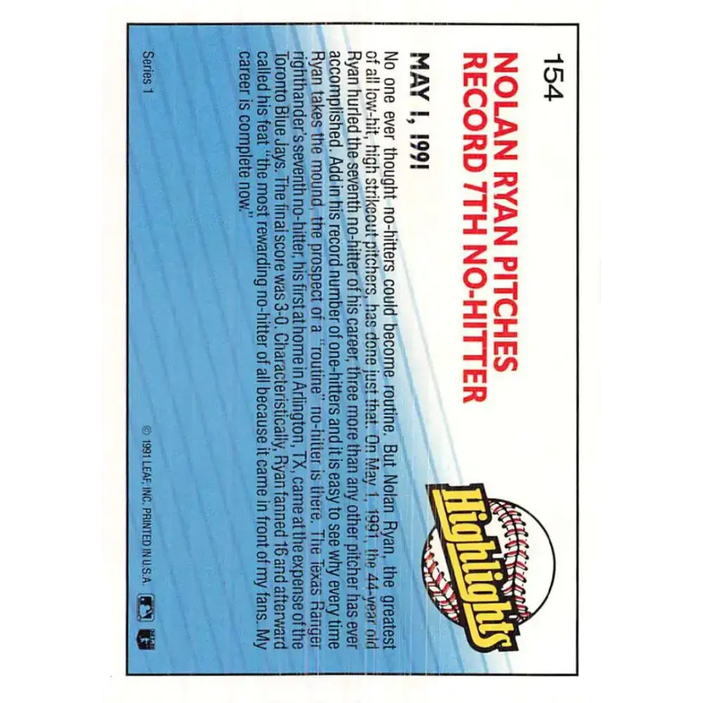 1992 Donruss #154 Nolan Ryan HL NM-MT Texas Rangers Baseball Card - Baseball Card Single