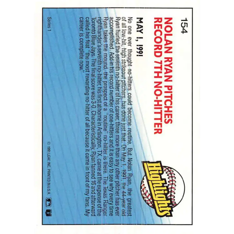 1992 Donruss #154 Nolan Ryan HL NM-MT Texas Rangers Baseball Card - Baseball Card Single