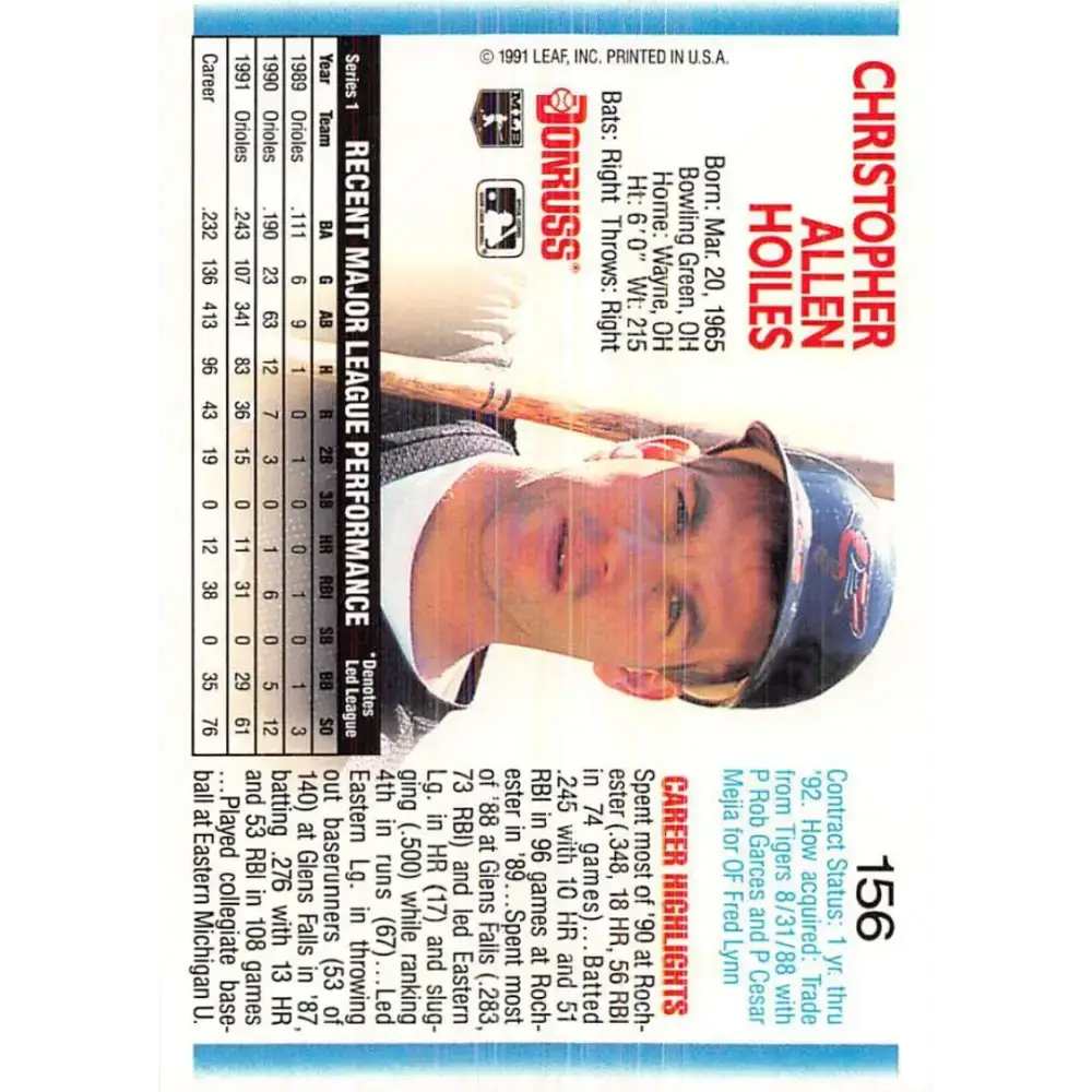 1992 Donruss #156 Chris Hoiles NM-MT Baltimore Orioles Baseball Card - Baseball Card Single
