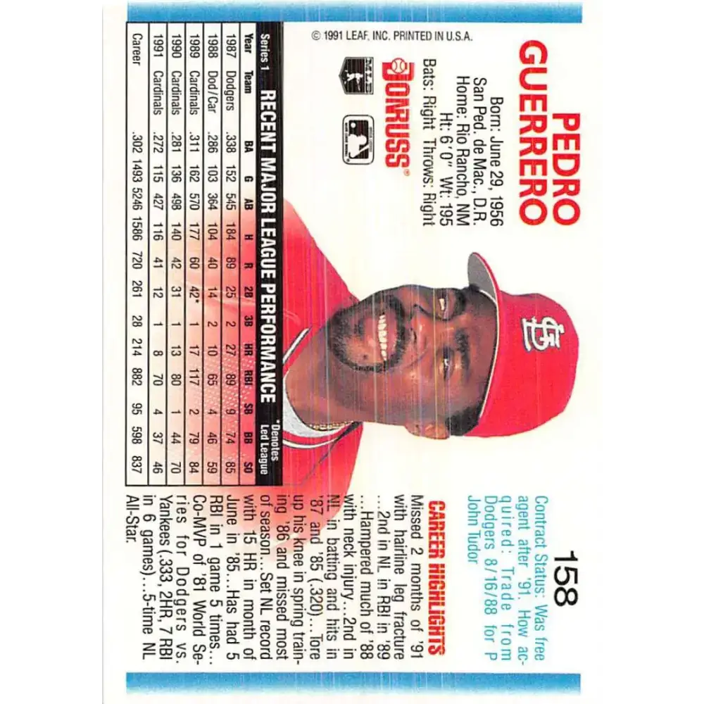 1992 Donruss #158 Pedro Guerrero NM-MT St. Louis Cardinals Baseball Card - Baseball Card Single