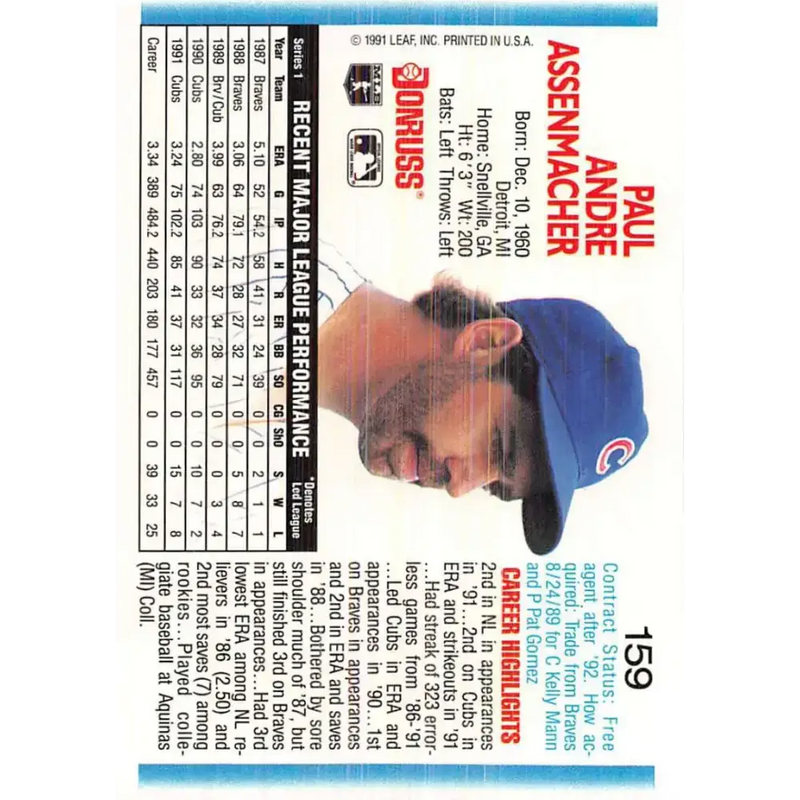 1992 Donruss #159 Paul Assenmacher NM-MT Chicago Cubs Baseball Card - Baseball Card Single
