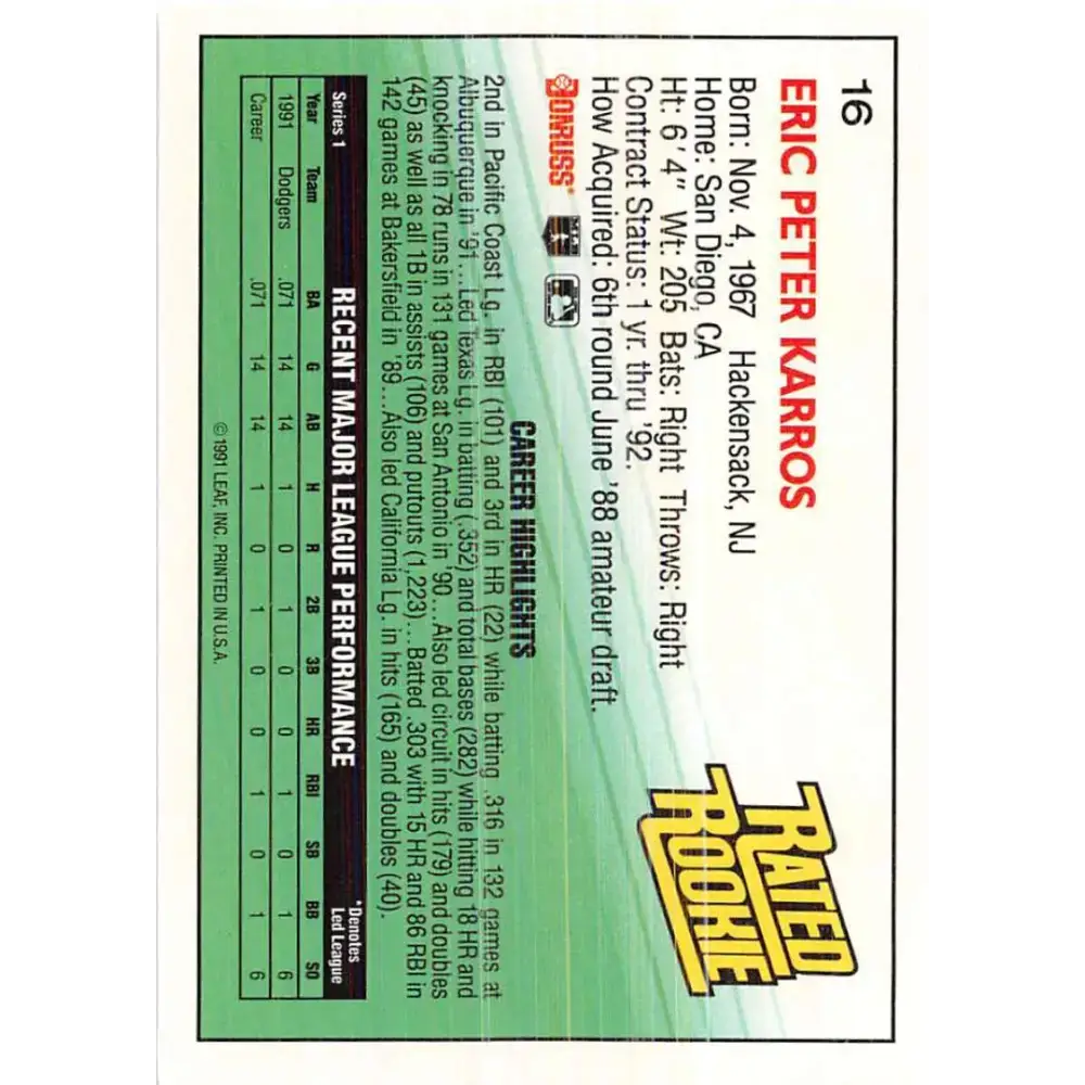 1992 Donruss #16 Eric Karros RR NM-MT Los Angeles Dodgers Baseball Card - Baseball Card Single