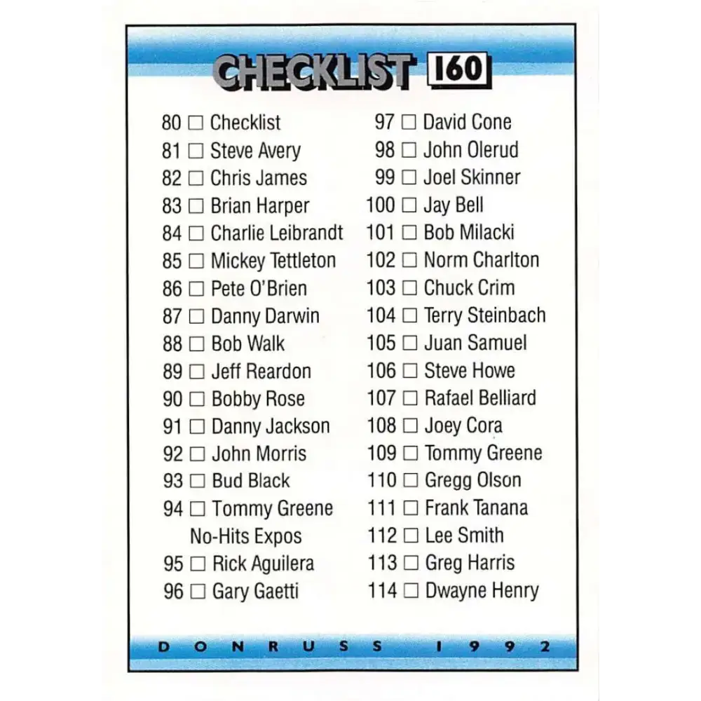 1992 Donruss #160 Checklist 80-157 NM-MT Checklist Baseball Card - Baseball Card Single
