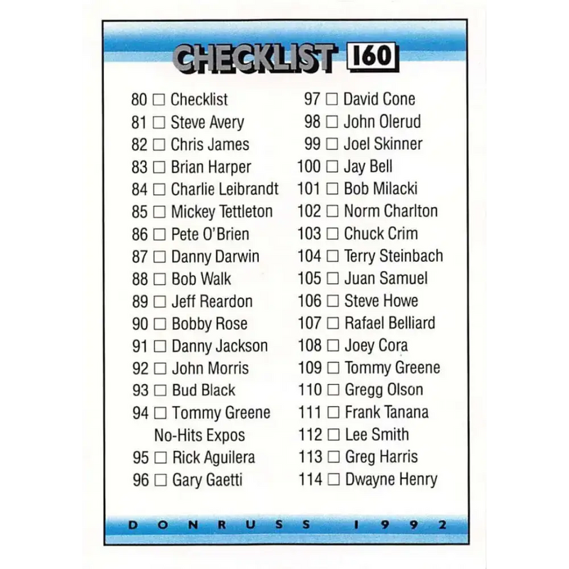 1992 Donruss #160 Checklist 80-157 NM-MT Checklist Baseball Card - Baseball Card Single