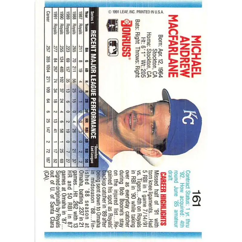 1992 Donruss #161 Mike Macfarlane NM-MT Kansas City Royals Baseball Card - Baseball Card Single