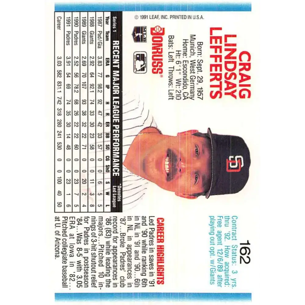 1992 Donruss #162 Craig Lefferts NM-MT San Diego Padres Baseball Card - Baseball Card Single