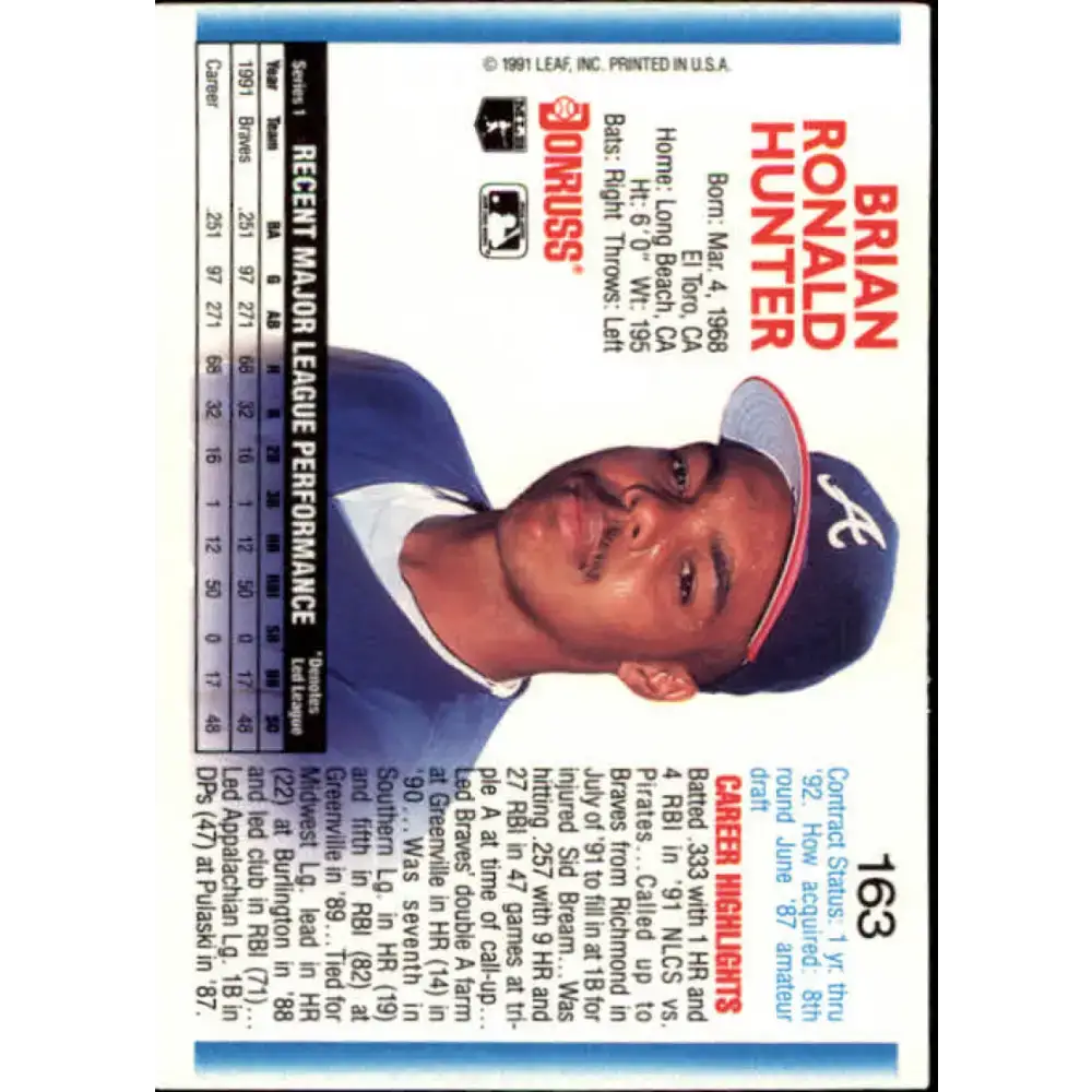 1992 Donruss #163 Brian Hunter NM-MT Atlanta Braves Baseball Card - Baseball Card Single