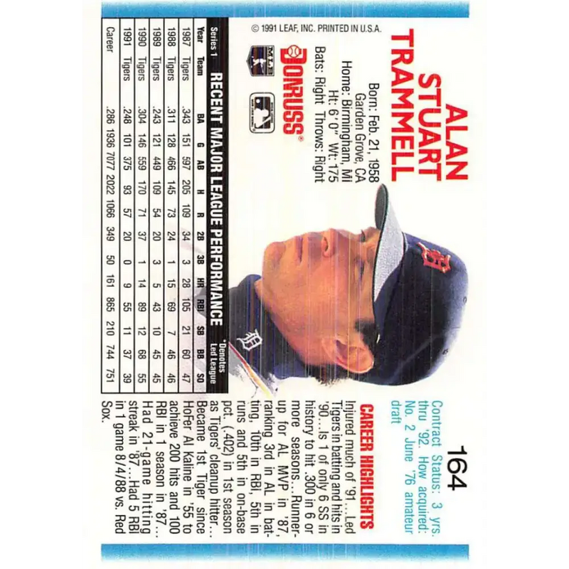 1992 Donruss #164 Alan Trammell NM-MT Detroit Tigers Baseball Card - Baseball Card Single