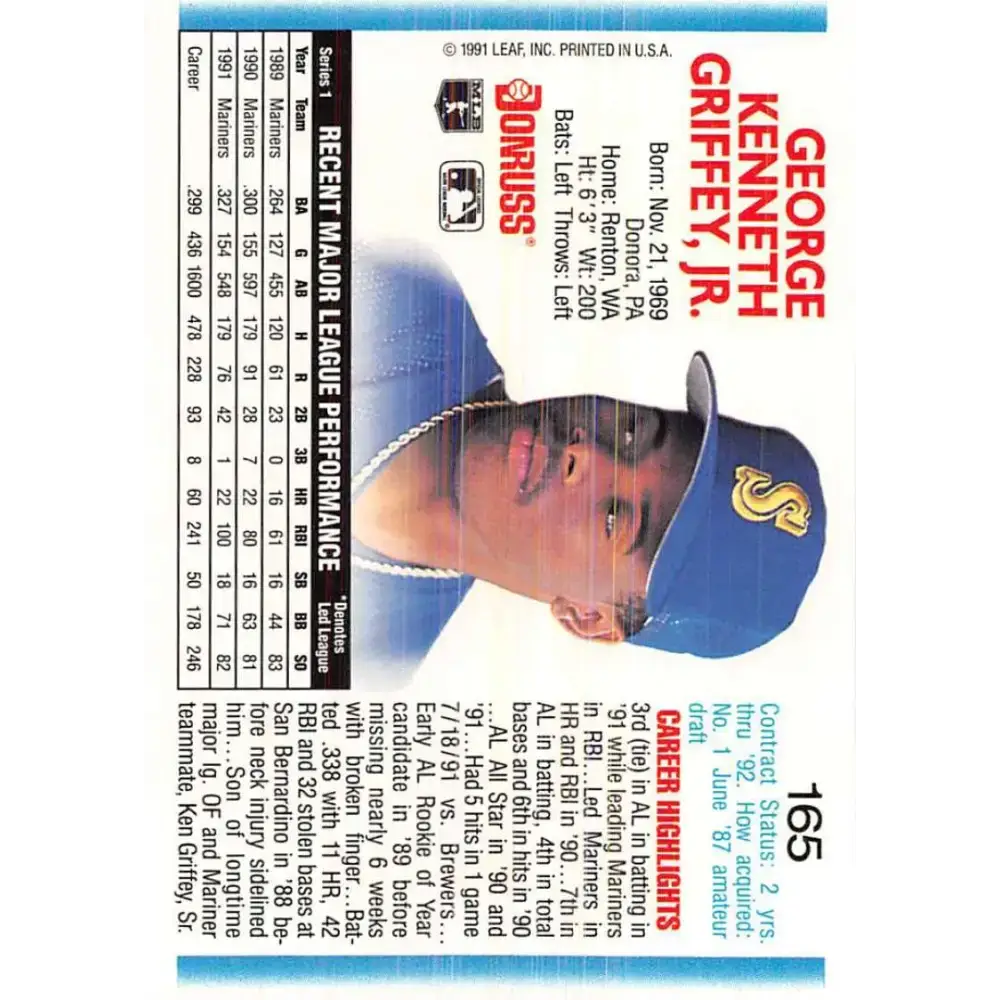 1992 Donruss #165 Ken Griffey Jr. NM-MT Seattle Mariners Baseball Card - Baseball Card Single