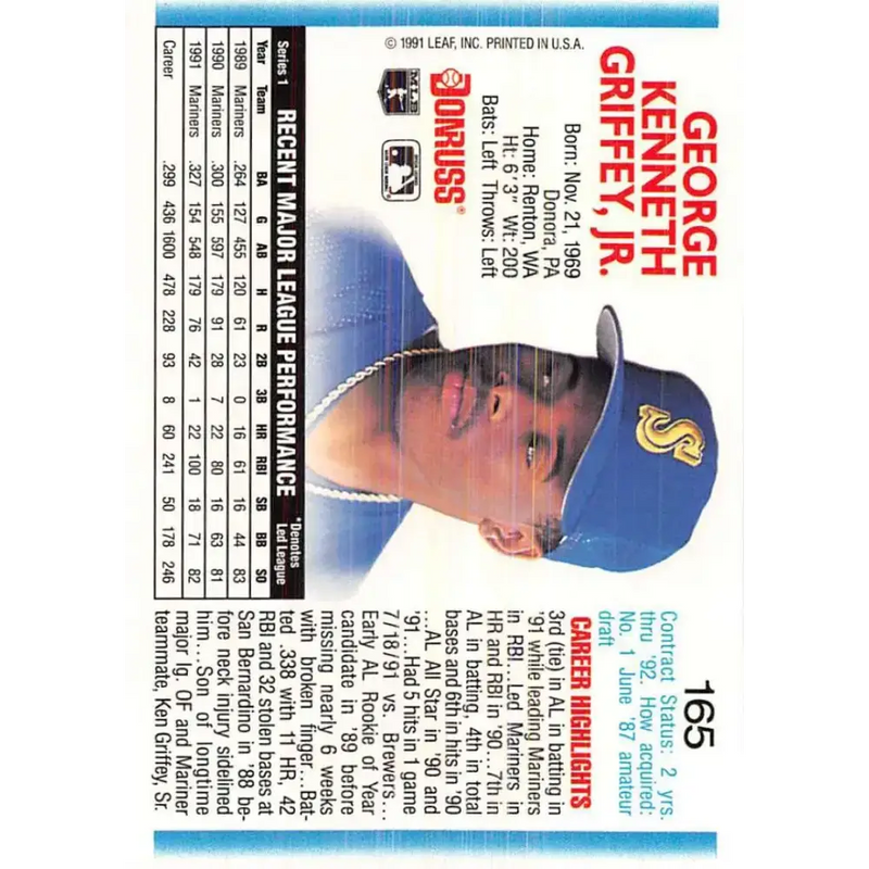 1992 Donruss #165 Ken Griffey Jr. NM-MT Seattle Mariners Baseball Card - Baseball Card Single