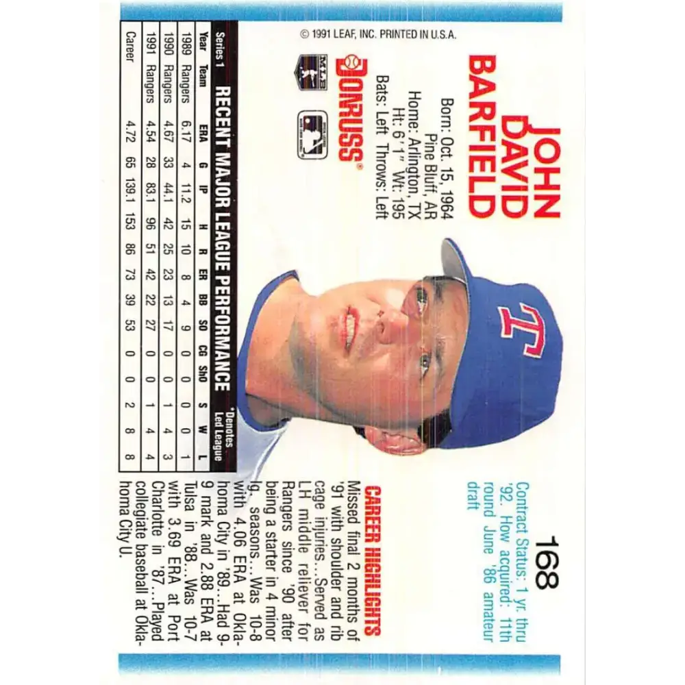 1992 Donruss #168 John Barfield NM-MT Texas Rangers Baseball Card - Baseball Card Single