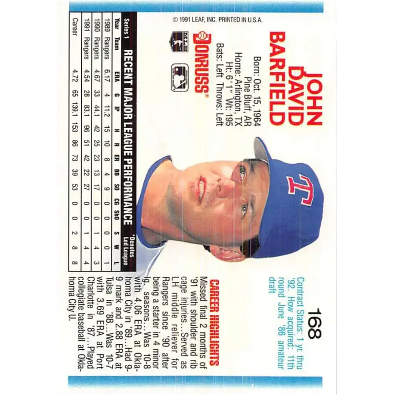 1992 Donruss #168 John Barfield NM-MT Texas Rangers Baseball Card - Baseball Card Single