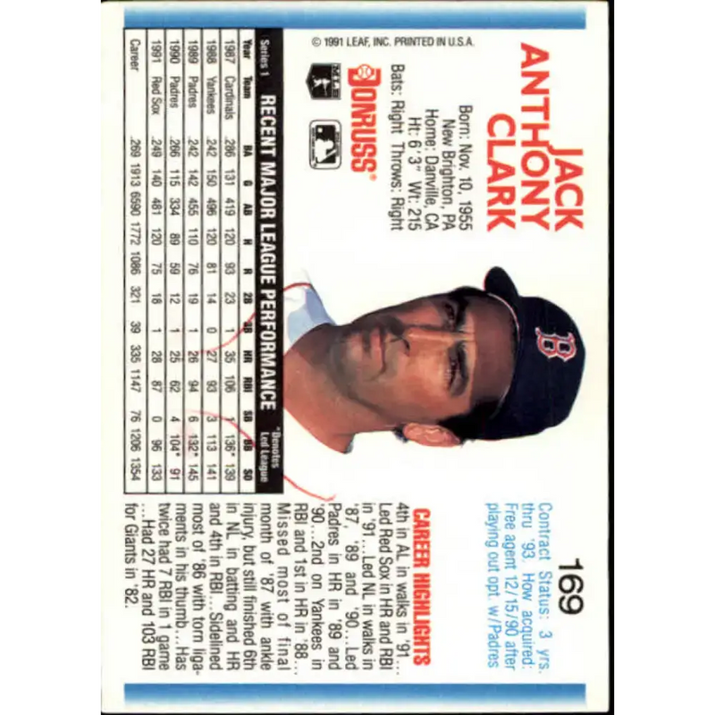 1992 Donruss #169 Jack Clark NM-MT Boston Red Sox Baseball Card - Baseball Card Single